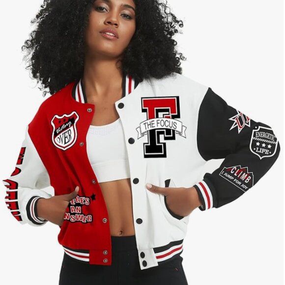 Women's Varsity Jacket Print Cropped Color Block Jacket 2024 Unisex - Picture 6 of 7